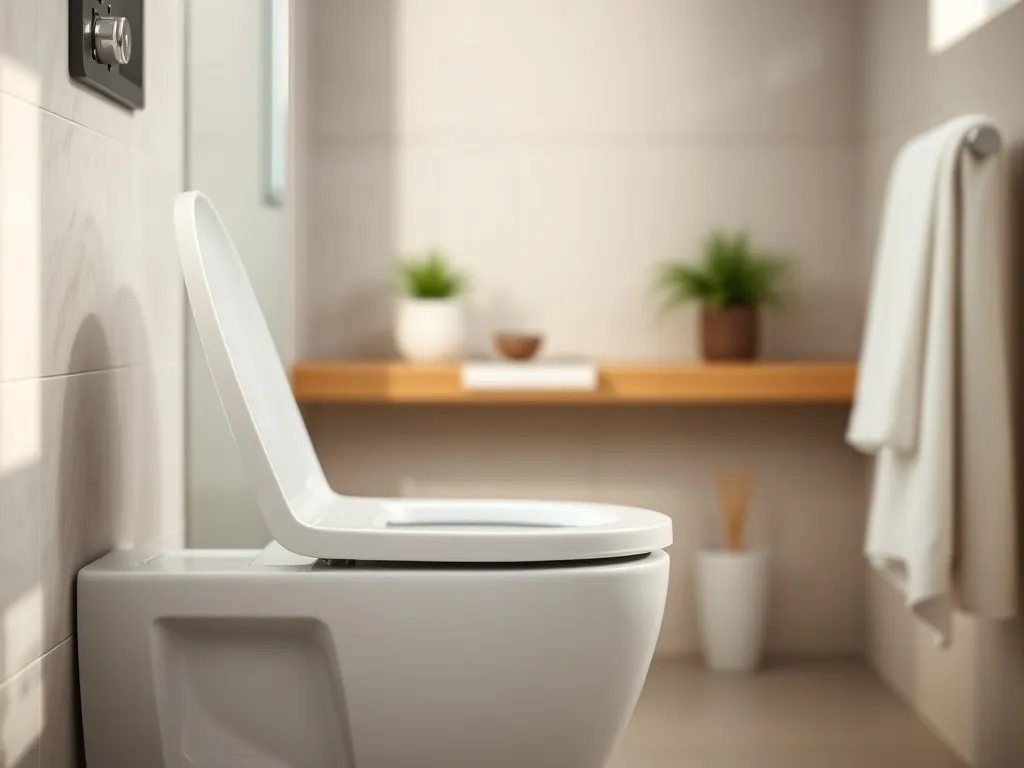 Nowoczesna toaleta myjąca z panelem sterowania w minimalistycznej łazience, podkreślająca higienę i elegancki design.