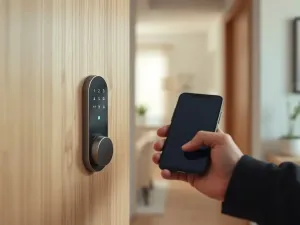 Nowoczesny inteligentny zamek do drzwi sterowany smartfonem, prezentacja działania w eleganckim wnętrzu mieszkania.