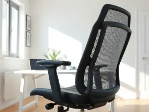 Ergonomiczny fotel biurowy z regulowanymi podłokietnikami i oparciem z siatki w jasnym, minimalistycznym biurze domowym.