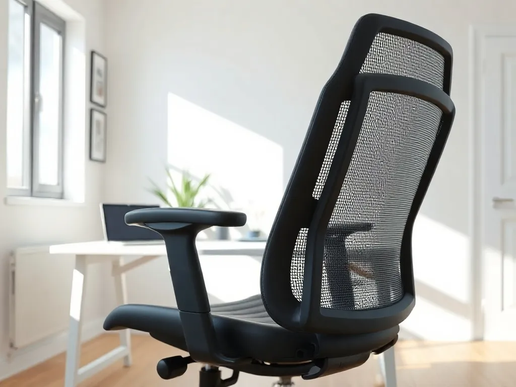 Ergonomiczny fotel biurowy z regulowanymi podłokietnikami i oparciem z siatki w jasnym, minimalistycznym biurze domowym.