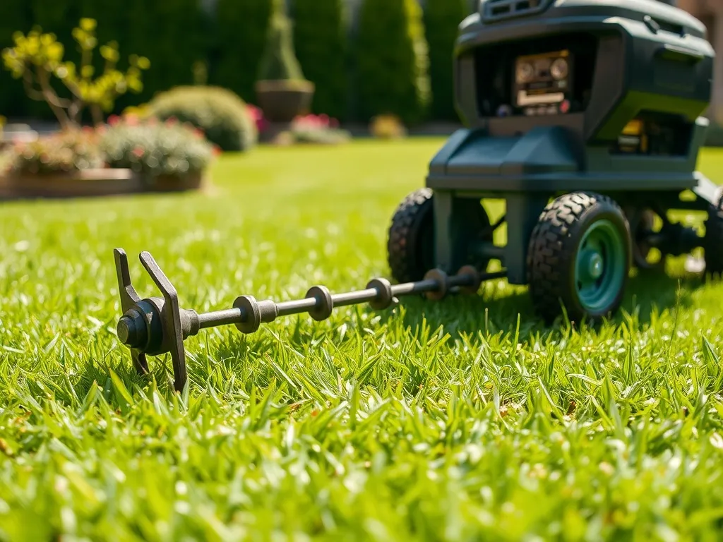 Elektryczny aerator-wertykulator pracujący na zadbanym trawniku w ogrodzie, z widocznymi zębami roboczymi i kołami.