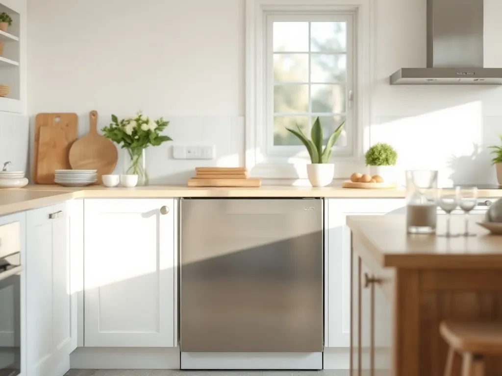 Nowoczesna, jasna kuchnia z wbudowaną 60 cm zmywarką ze stali nierdzewnej, podkreślająca elegancki, minimalistyczny design.