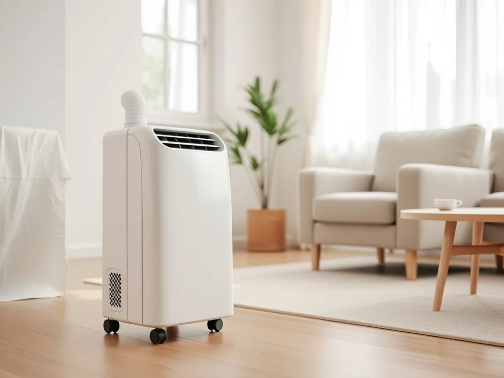 Nowoczesny klimatyzator przenośny przy oknie w jasnym salonie, zapewniający przyjemny chłód latem.