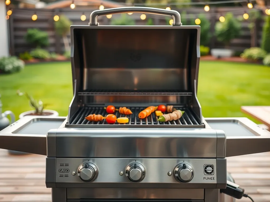 Nowoczesny stalowy grill gazowy na tarasie z warzywami na ruszcie, w tle przytulny ogród z ciepłym oświetleniem.