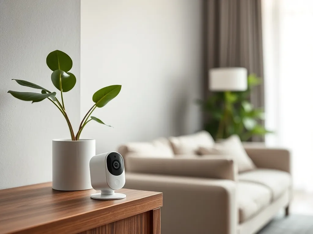 Nowoczesna kamera WiFi na półce w salonie, dyskretnie monitorująca przytulne, bezpieczne wnętrze domu