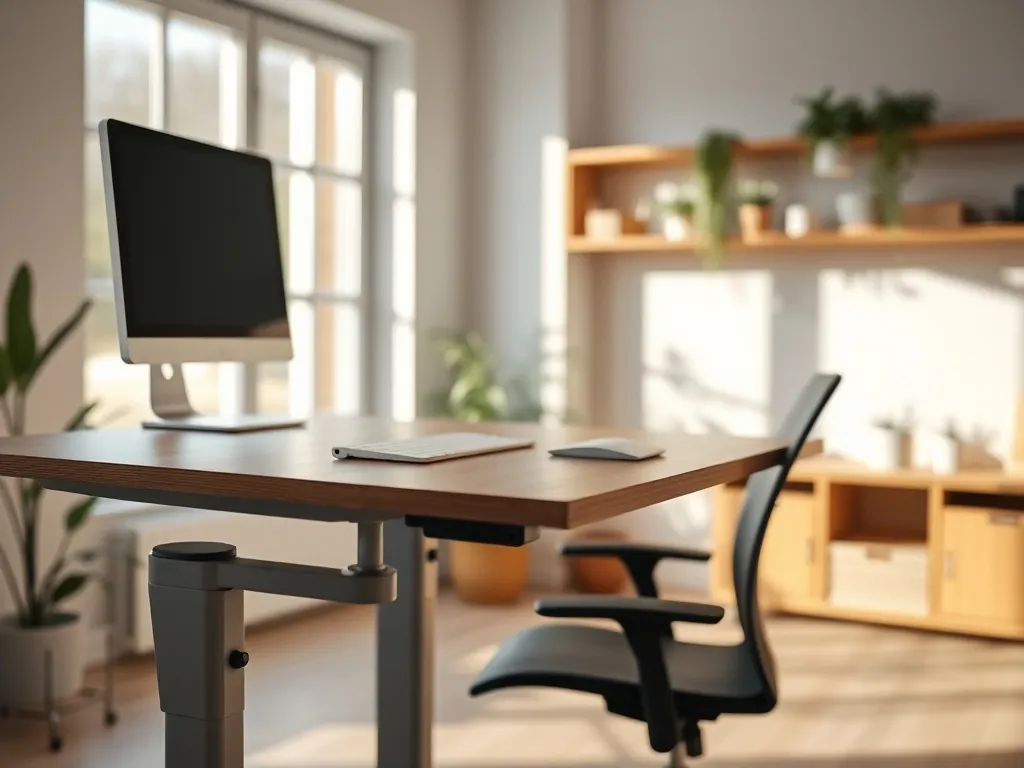 Nowoczesne biurko elektryczne z regulacją wysokości w minimalistycznym, ergonomicznym i przytulnym domowym biurze.