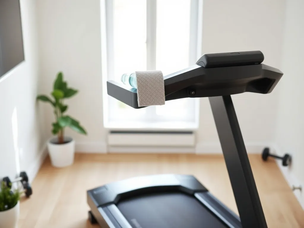 Elegancka czarna bieżnia w jasnym, minimalistycznym domowym kąciku fitness z hantlami i rośliną w tle