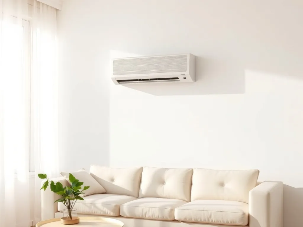Nowoczesny salon z wiszącym klimatyzatorem ściennym nad sofą, podkreślający komfort chłodzenia i estetykę wnętrza.