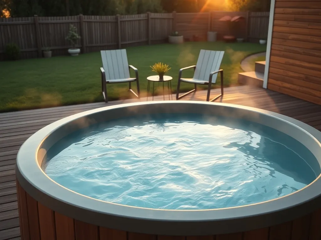 Nowoczesne okrągłe jacuzzi ogrodowe na drewnianym tarasie w przytulnym, minimalistycznym ogrodzie o zmierzchu.