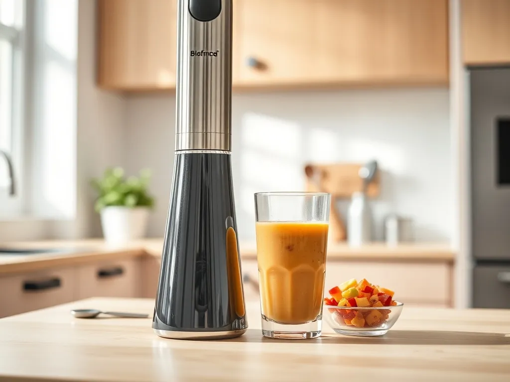 Elegancki blender ręczny na blacie obok szklanki smoothie i miseczki owoców, w nowoczesnej, jasnej kuchni.