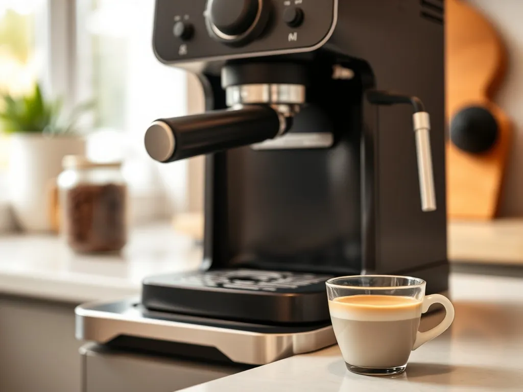 Nowoczesny ekspres kolbowy na blacie kuchennym, świeżo zaparzone espresso w filiżance podkreśla domowy charakter urządzenia.