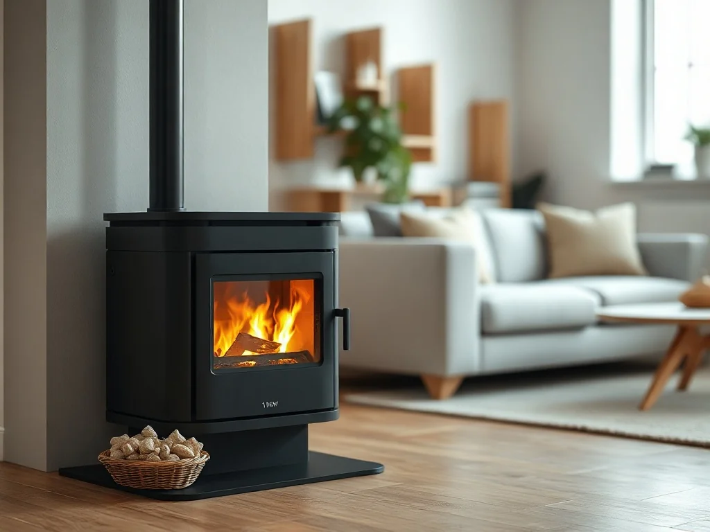Nowoczesny piec na pellet 10 kW w przytulnym salonie, z widocznym płomieniem i koszem jasnych pelletów obok