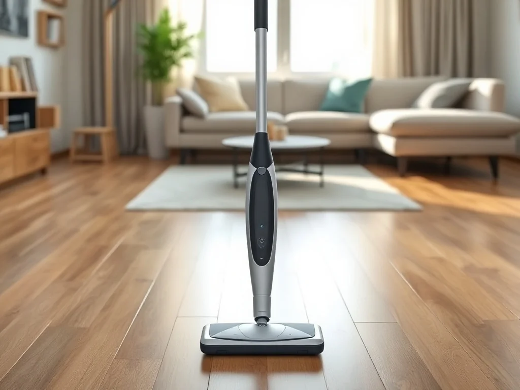 Nowoczesny bezprzewodowy mop elektryczny na lśniącej drewnianej podłodze w jasnym, przytulnym salonie.