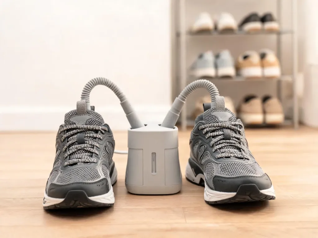 Nowoczesna suszarka do butów z ozonem suszy sportowe sneakersy w przytulnym, minimalistycznym wnętrzu na drewnianej podłodze.
