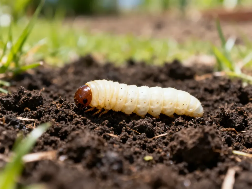 Larwa chrabąszcza majowego o kremowym ciele spoczywająca na ciemnej, ogrodowej glebie.